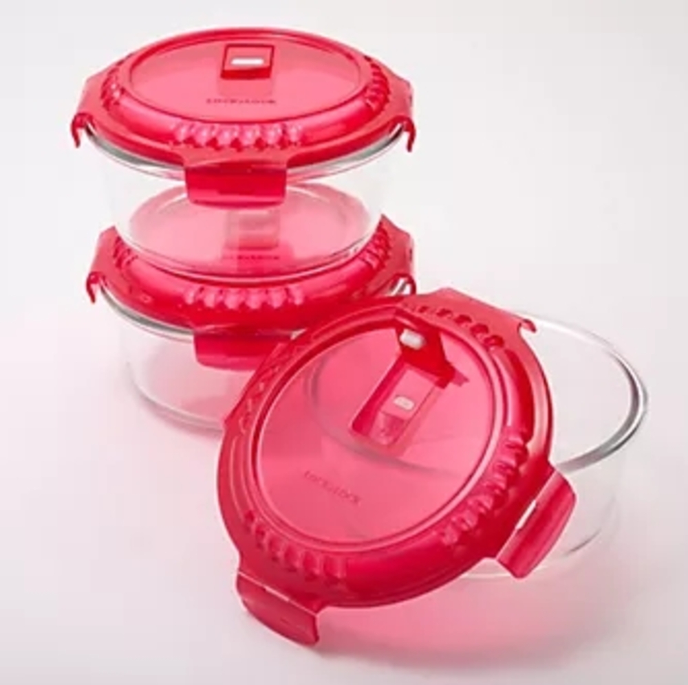 Lock & Lock 3pc 4cup Vented Round Glass Storage Containers Red